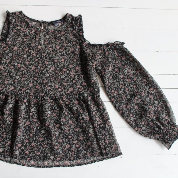 Sheer Black and Pink Floral Cold Shoulder Ruffle Top - Picture 4 of 7